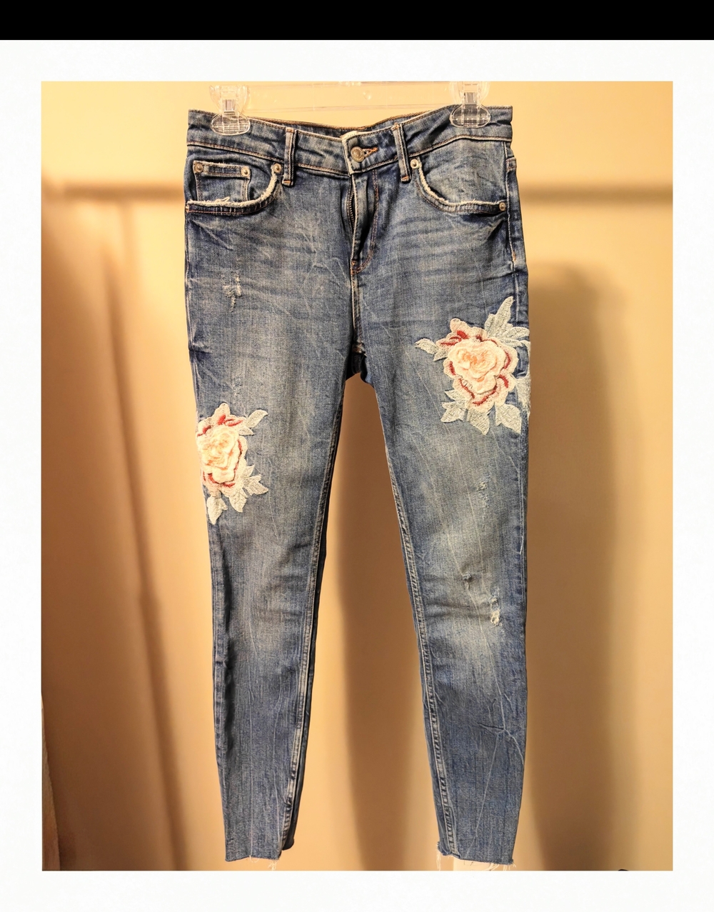 Zara Blue Skinny Jeans with Pink Floral Appliqué